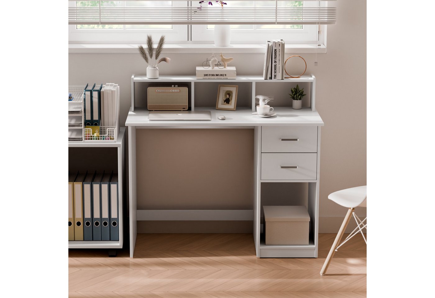 Mondeer Schreibtisch Computertisch, mit 2 Schubladen, Regal & Schrank 105x94x48cm Weiß – Bild 5 von 5