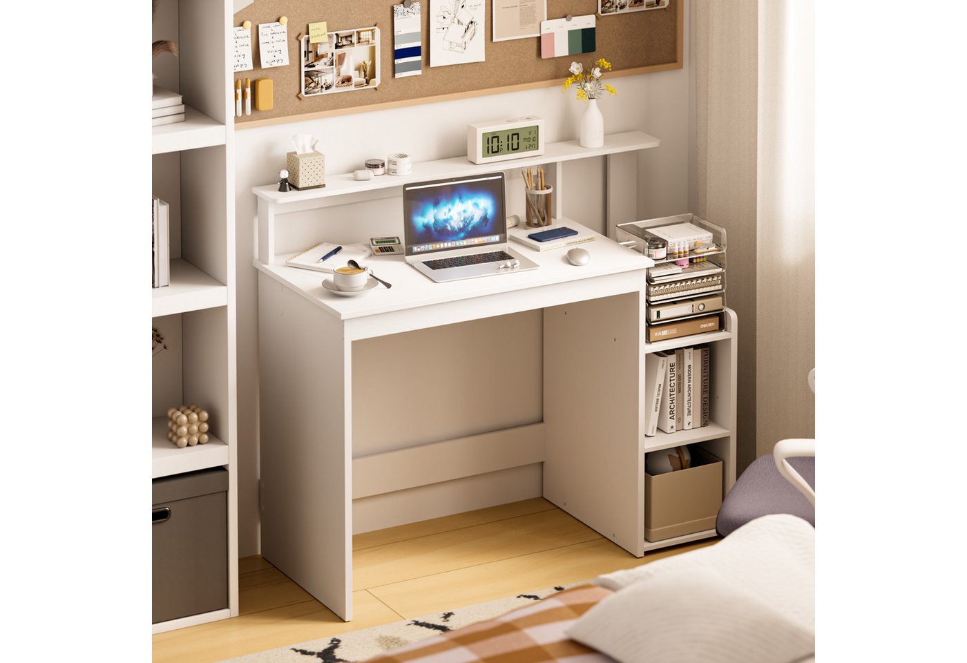 Mondeer Schreibtisch Computertisch, mit verstellbarem Ablagefach, Monitorhalterung, 110 x 48 x 93 cm, weiß – Bild 2 von 5