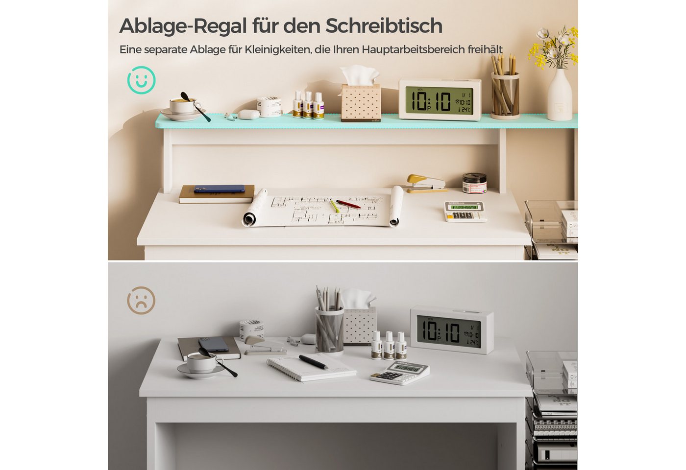 Mondeer Schreibtisch Computertisch, mit verstellbarem Ablagefach, Monitorhalterung, 110 x 48 x 93 cm, weiß – Bild 4 von 5