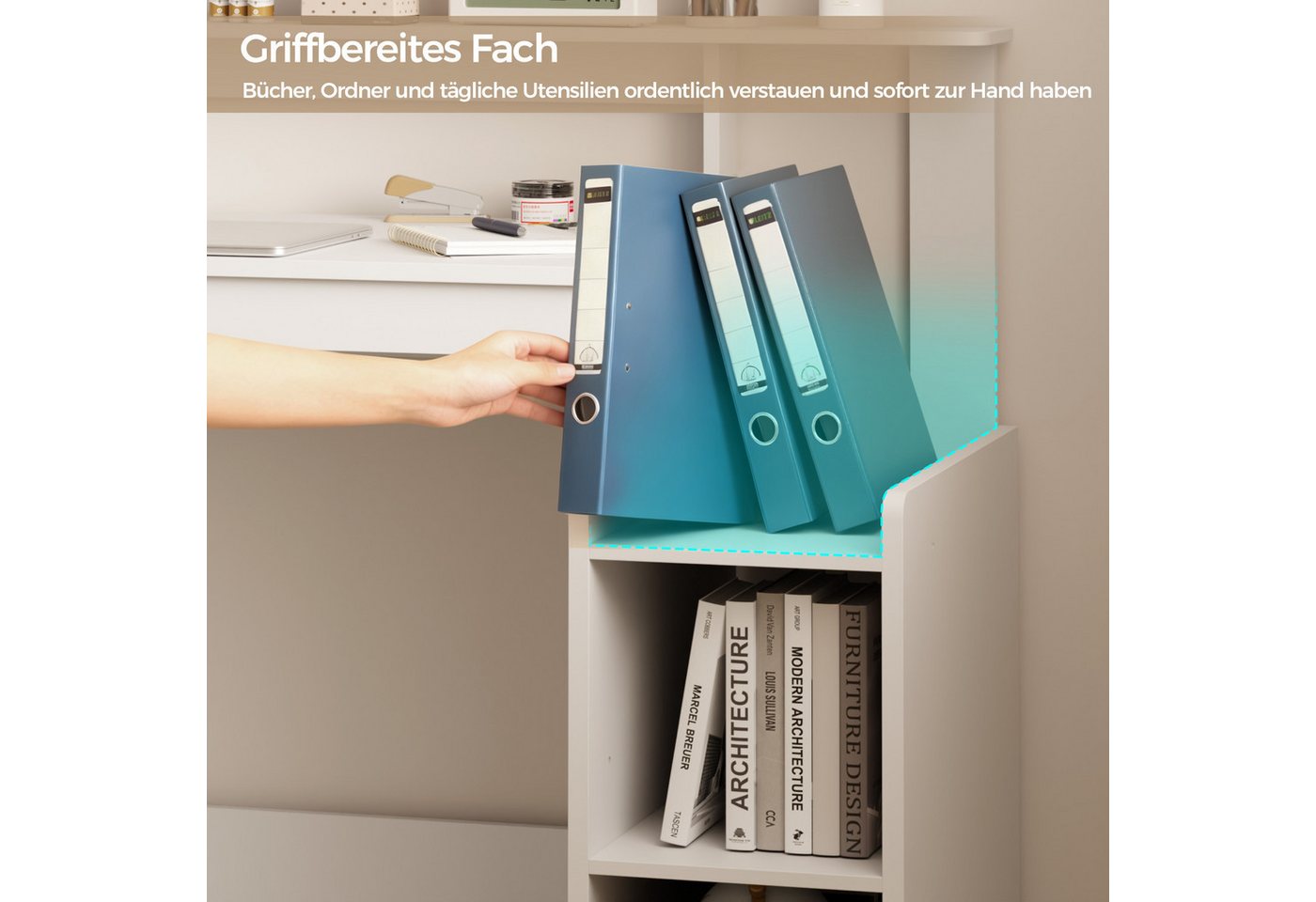Mondeer Schreibtisch Computertisch, mit verstellbarem Ablagefach, Monitorhalterung, 110 x 48 x 93 cm, weiß – Bild 5 von 5