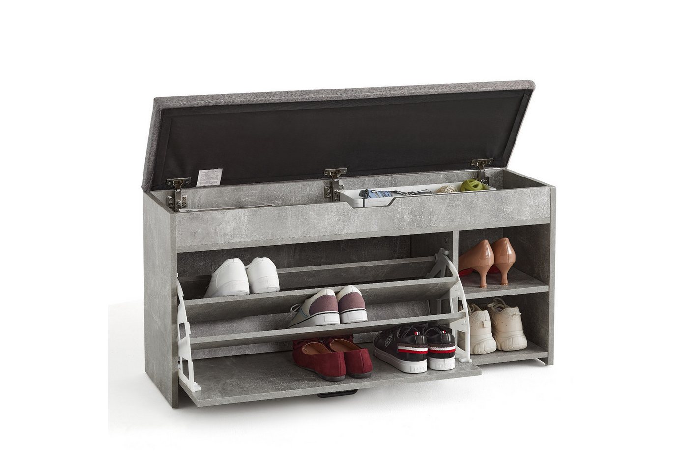 Mondeer Schuhbank Schuhhocker, mit Sitzfläche, mit Klappschublade, 100 x 30 x 52 cm, Weiß + Grau – Bild 3 von 5