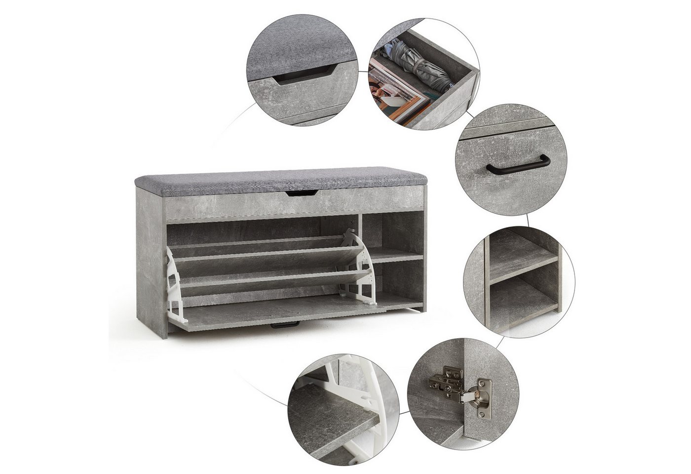 Mondeer Schuhbank Schuhhocker, mit Sitzfläche, mit Klappschublade, 100 x 30 x 52 cm, Weiß + Grau – Bild 5 von 5