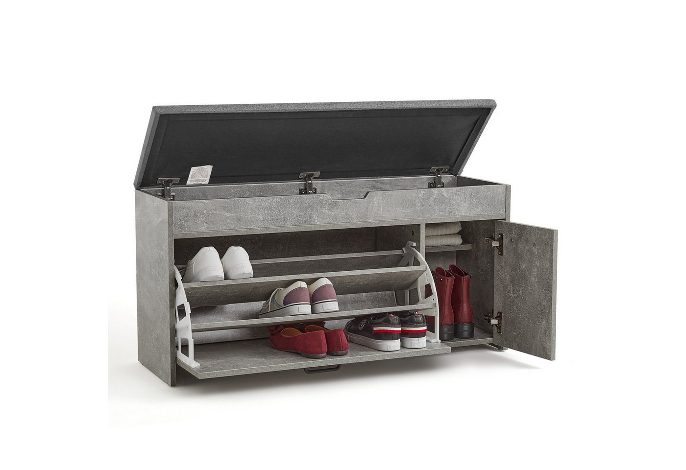 Mondeer Schuhbank Schuhhocker, mit Sitzfläche, mit Klappschublade, 100 x 30 x 52 cm, Weiß + Grau – Bild 3 von 5