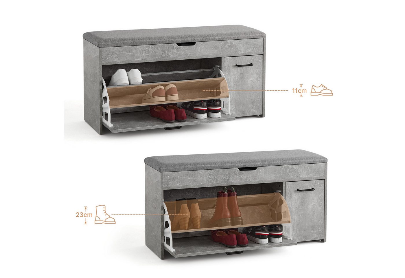 Mondeer Schuhbank Schuhhocker, mit Sitzfläche, mit Klappschublade, 100 x 30 x 52 cm, Weiß + Grau – Bild 4 von 5