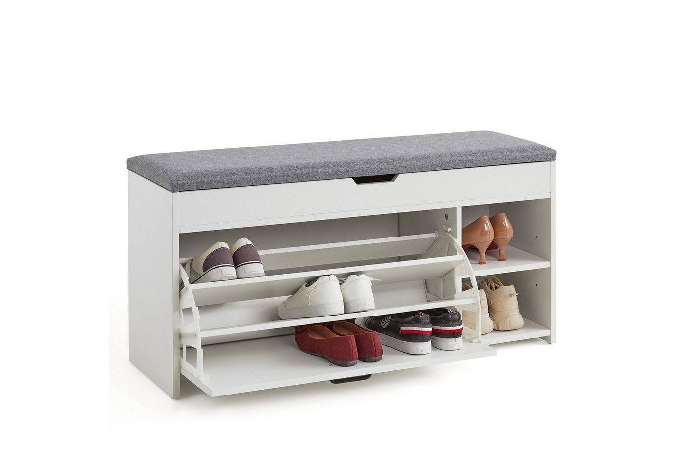 Mondeer Schuhbank Schuhhocker, mit Sitzfläche, mit Klappschublade, 100 x 30 x 52 cm, Weiß + Grau – Bild 2 von 5
