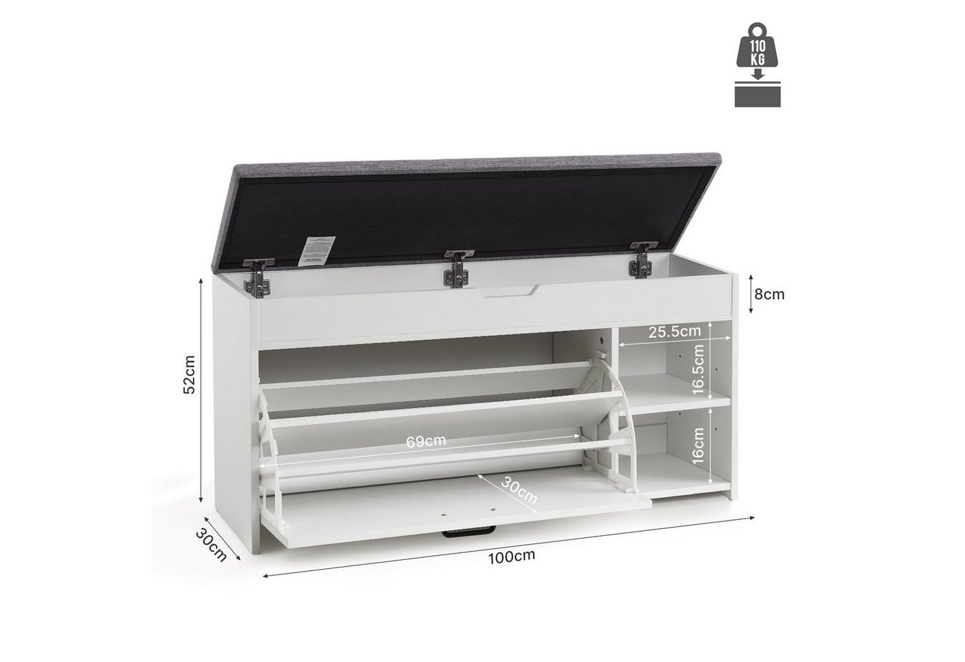 Mondeer Schuhbank Schuhhocker, mit Sitzfläche, mit Klappschublade, 100 x 30 x 52 cm, Weiß + Grau – Bild 3 von 5