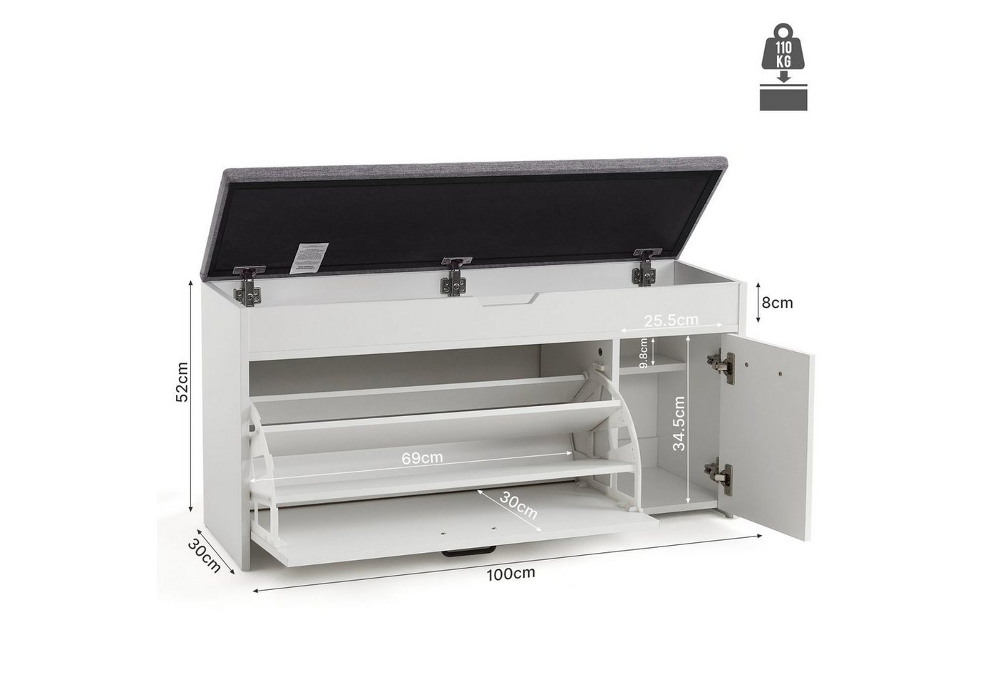 Mondeer Schuhbank Schuhhocker, mit Sitzfläche, mit Klappschublade, 100 x 30 x 52 cm, Weiß + Grau – Bild 3 von 5