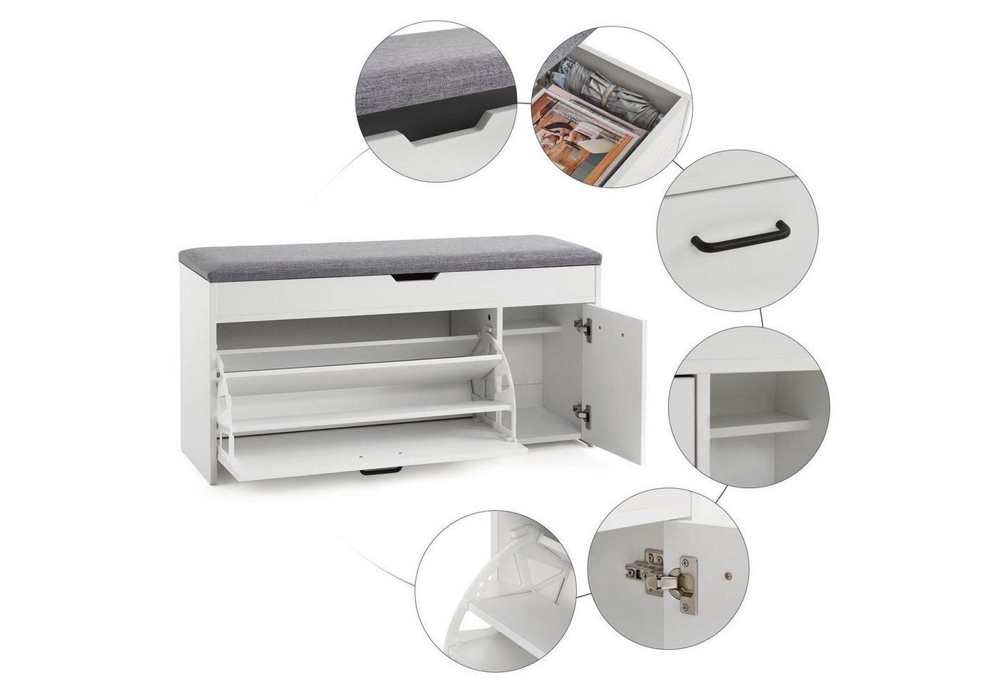 Mondeer Schuhbank Schuhhocker, mit Sitzfläche, mit Klappschublade, 100 x 30 x 52 cm, Weiß + Grau – Bild 4 von 5