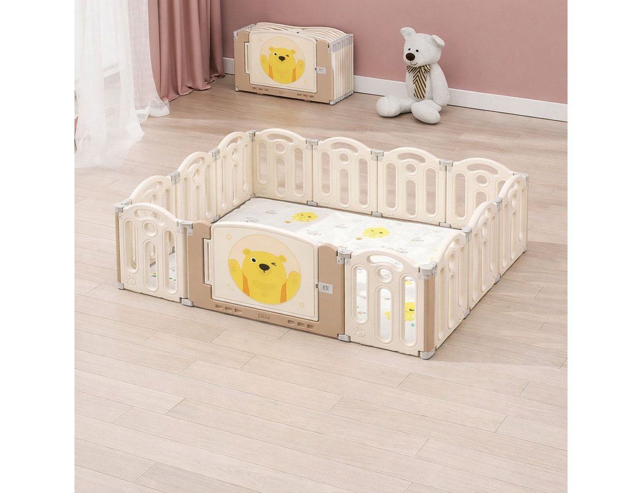 Moni Laufstall Teddy Land, 160 x 120 cm, Spielmatte, 13-teilig, Saugnäpfe, Tür, faltbar – Bild 3 von 3