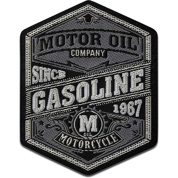 Mono-Quick Aufnäher Bügelbild, Aufbügler, Applikationen, Patches, Flicken, zum aufbügeln, Polyester, Motor Oil Gasoline Vintage Motorrad Auto - Größe: 8,6 x 7,5