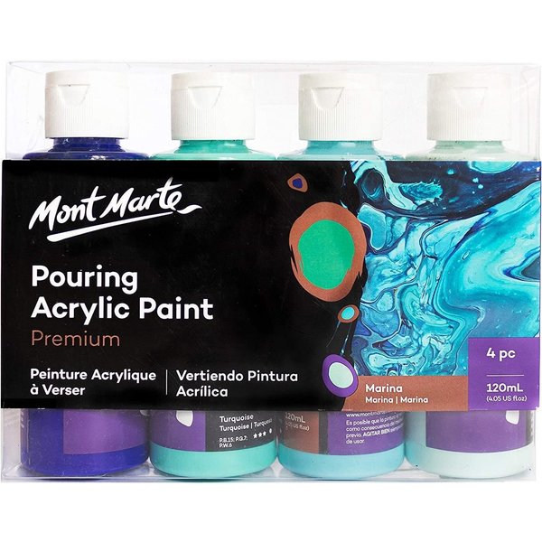 Mont Marte Bastelfarbe PREMIUM Pouring Acrylfarbe, Gieß-Acryl, je 4 x 120 ml, diverse Sets, Untereinander vermischbar & bereits mit Pouring Medium vorgemischt