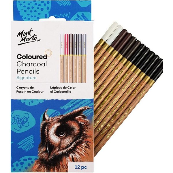 Mont Marte Kohlestift Zeichenstifte Set mit 12 x Zeichenkohle, in mischbaren Farbtönen, (Set, 12-tlg., Ideal für Zeichnungen aller Art), weiß, rot-braun, braun,
