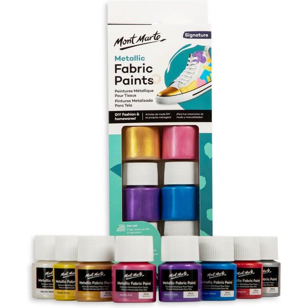 Mont Marte Textilfarbe 8 x 20 ml Metallicfarben, Stofffarben mit schimmerndem Metallic-Effekt, Waschfest & bügelfixierbar, für T-Shirts, Taschen & kreative DIY 
