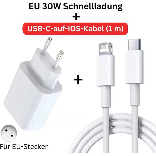 Montegoni 30W PD Schnellladegerät USB C auf Lightning Kabel für iPhone Smartphone-Ladegerät (Ladegerät Kabel Set, 1 Stück Schnellladegerät mit USB-C-auf-Lightni