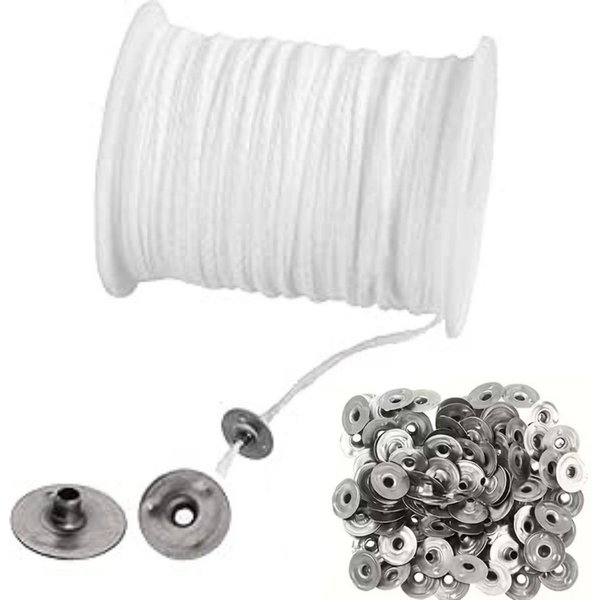 Montegoni Kerzenständer Baumwoll-Dochtrolle 61M mit 100 Metallbasen – Rauchfreie Kerzendochte (Wick-and-Base Set für Kerzengießen, Zweiteiliges Zubehörset aus D
