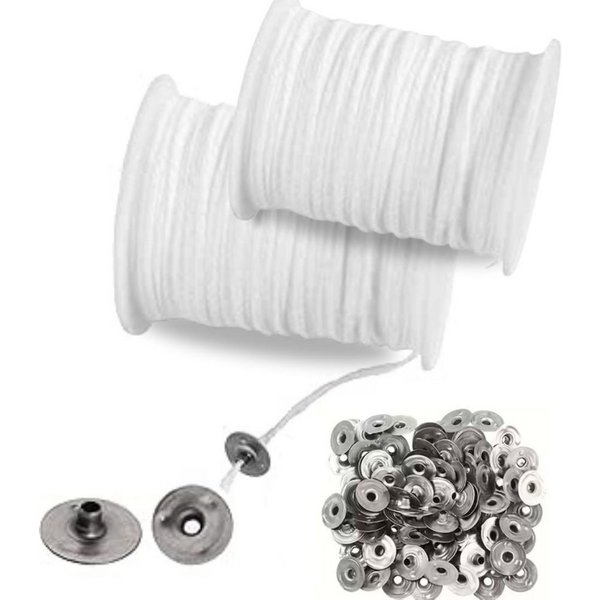 Montegoni Kerzenständer Baumwoll-Dochtrolle 61M mit 100 Metallbasen – Rauchfreie Kerzendochte (Wick-and-Base Set für Kerzengießen, Zweiteiliges Zubehörset aus D
