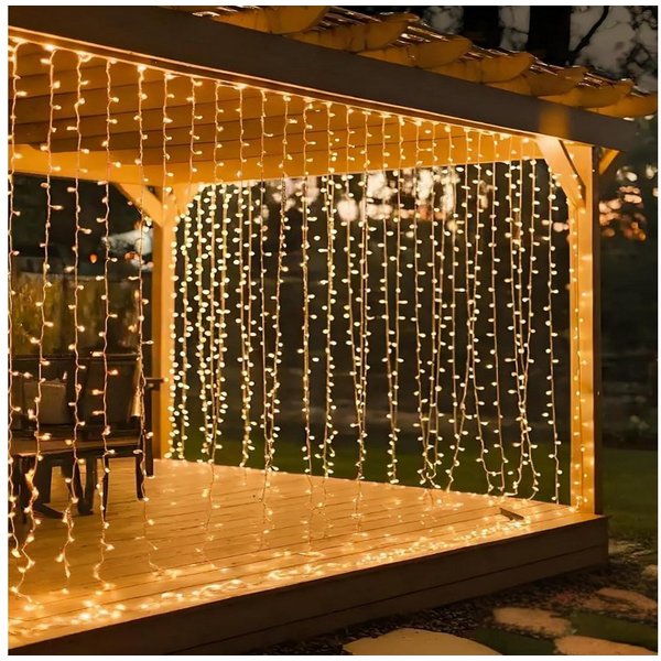 Montegoni LED-Lichtervorhang 3x3m Lichterkette mit 300 Warmweiß LEDs - Wasserdicht, 10 Stränge, 8 Lichtmodi, Ferbedienung mit Timer und Memory Funktion