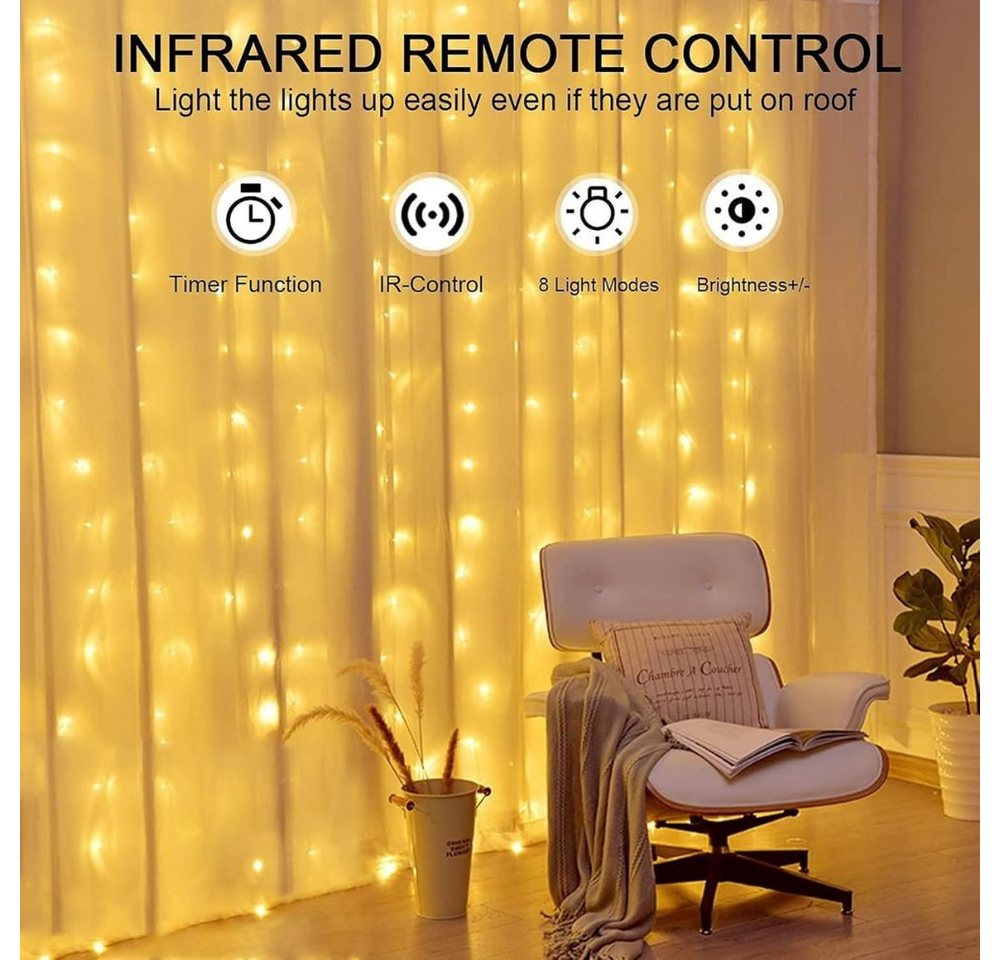 Montegoni LED-Lichtervorhang 3x3m Lichterkette mit 300 Warmweiß LEDs - Wasserdicht, 10 Stränge, 8 Lichtmodi, Ferbedienung mit Timer und Memory Funktion – Bild 4 von 5