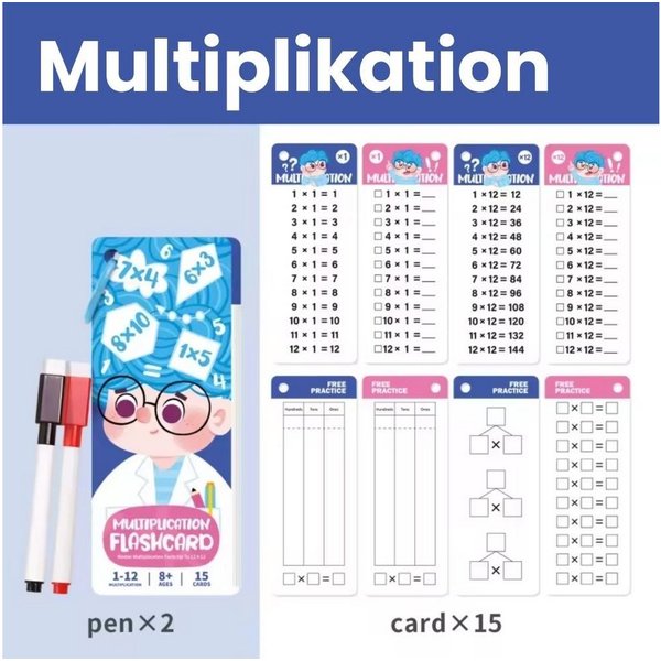 Montegoni Schulheft Mathe Lernkarten Multiplikation Schreibbar Abwischbar mit Stift Kinder, Abwischbar wiederverwendbar schreibbar Einmaleins Training mit Marke
