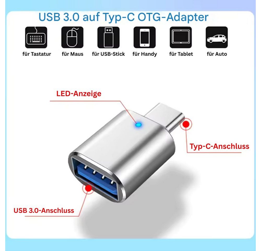 Montegoni USB 3.0 auf USB-C Adapter OTG mit LED, 1 Stück, kompakt & robust USB-Adapter USB Adapter Set, LED-Anzeige, OTG-fähig, schnelles Laden – Bild 3 von 5