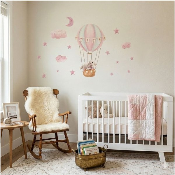 Montegoni Wandsticker Hasen Heißluftballon Wandsticker Babyzimmer Wandtattoo Mädchen (Einzelbogen Set, 1er Set Hasen Wandsticker), Selbstklebend, abnehmbar, was