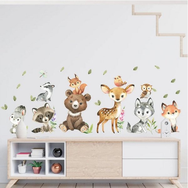 Montegoni Wandsticker Kinder Tier Wandaufkleber,Wandtattoo mit Waldtieren (Wandaufkleber für Kinderzimmer, Braunbär Hirsch Hase Tier, Wandaufkleber), wasserdich