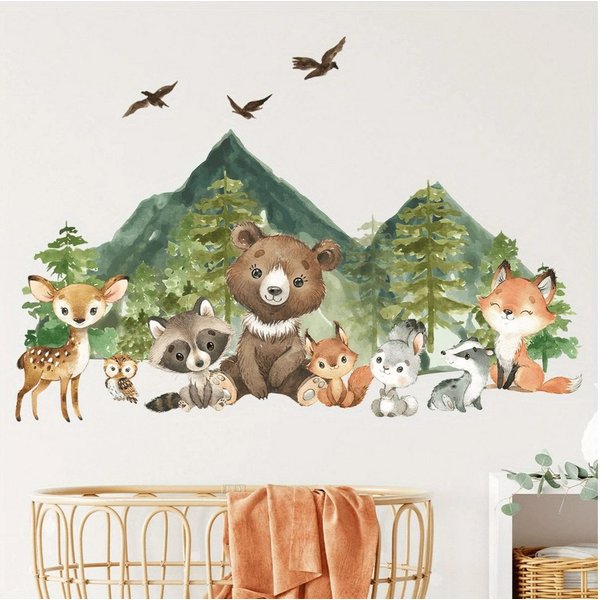 Montegoni Wandsticker Kinder Tier Wandaufkleber Dekoration (lächelndes Gesicht Bär, Hirsch, Fuchs,Baum, Bergtier Wandaufkleber), Wandtattoo mit Waldtieren für S