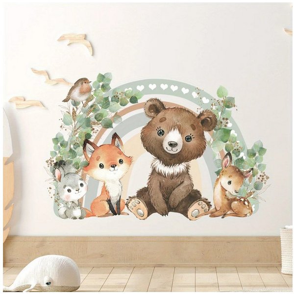 Montegoni Wandsticker Kinder Tier Wandsticker,Wandtattoo mit Waldtieren,Wandaufkleber (Wandtattoo für Kinderzimmer, Bär Fuchs Herz Regenbogen Tier Wanda), wasse
