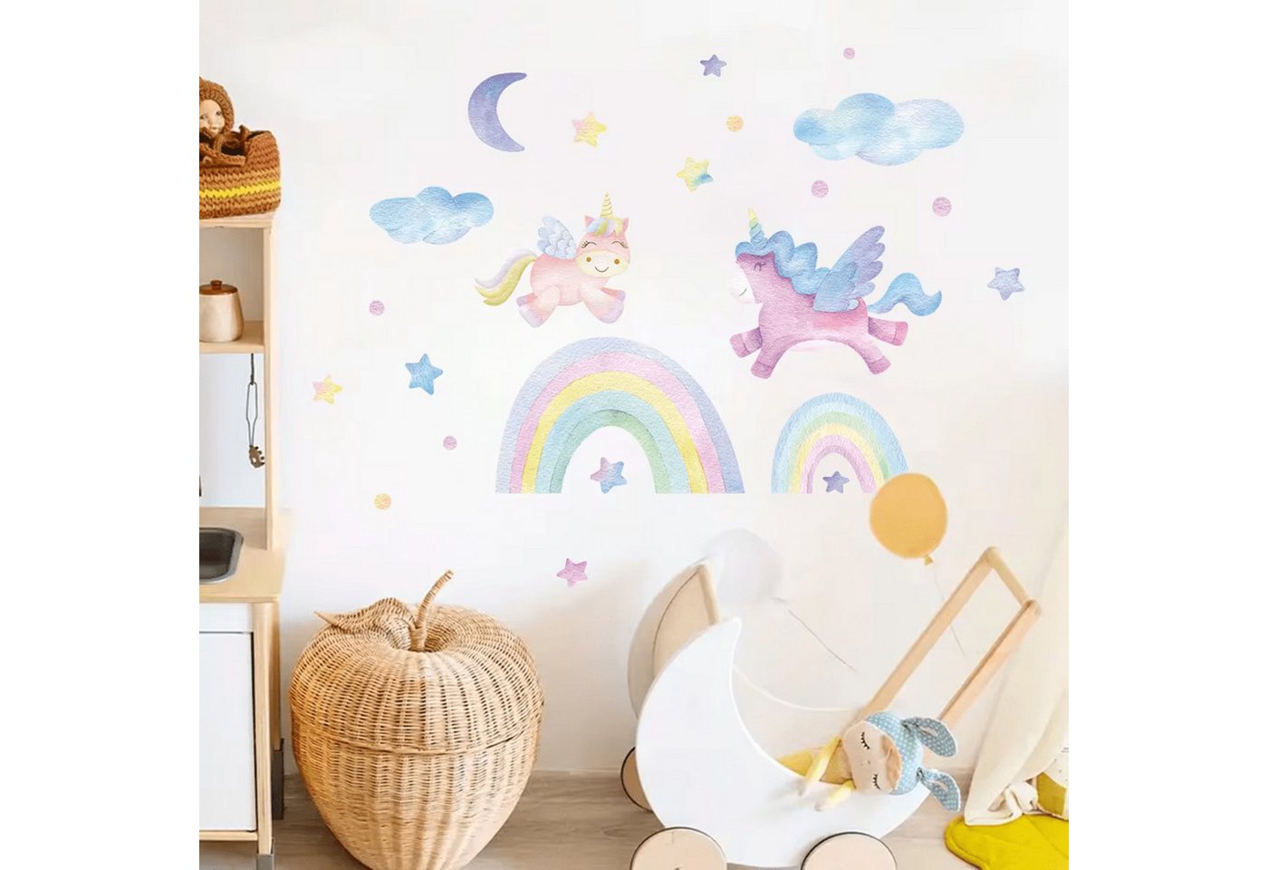 Montegoni Wandtattoo Cartoon Einhorn Regenbogen Wandaufkleber (Wolken,Mond,Sterne, Wandsticker, Wanddeko für kinderzimmer), Mädchen Kinderzimmer – Bild 3 von 5