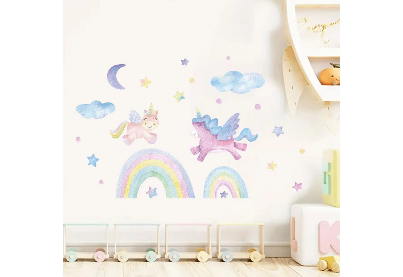 Montegoni Wandtattoo Cartoon Einhorn Regenbogen Wandaufkleber (Wolken,Mond,Sterne, Wandsticker, Wanddeko für kinderzimmer), Mädchen Kinderzimmer – Bild 4 von 5