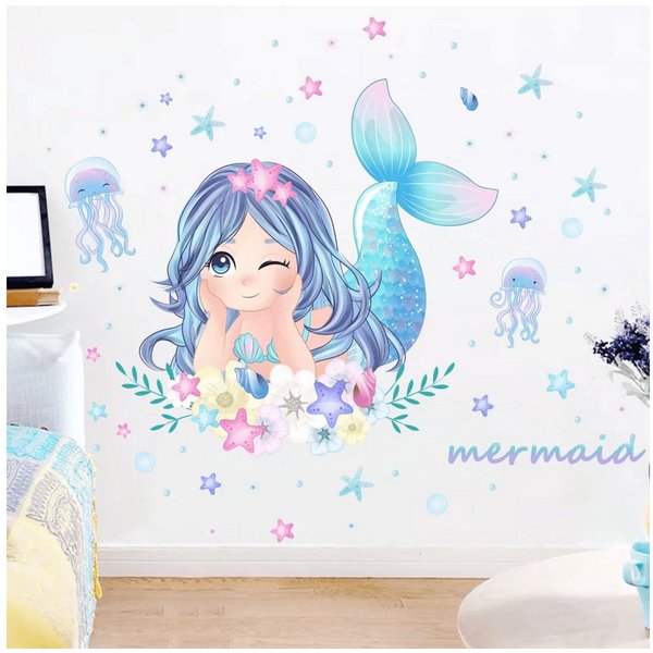 Montegoni Wandtattoo Kinder Wandsticker,Selbstklebende (Wandaufkleber Meerjungfrau,Quallen,Seesterne und Blumen, Deko Kindergarten Home Dekoration), wandtattoo 