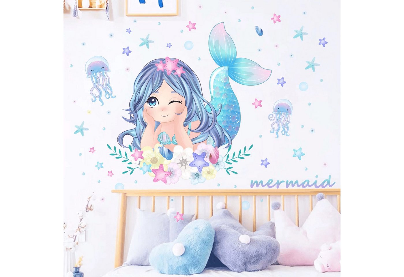 Montegoni Wandtattoo Kinder Wandsticker,Selbstklebende (Wandaufkleber Meerjungfrau,Quallen,Seesterne und Blumen, Deko Kindergarten Home Dekoration), wandtattoo  – Bild 2 von 5