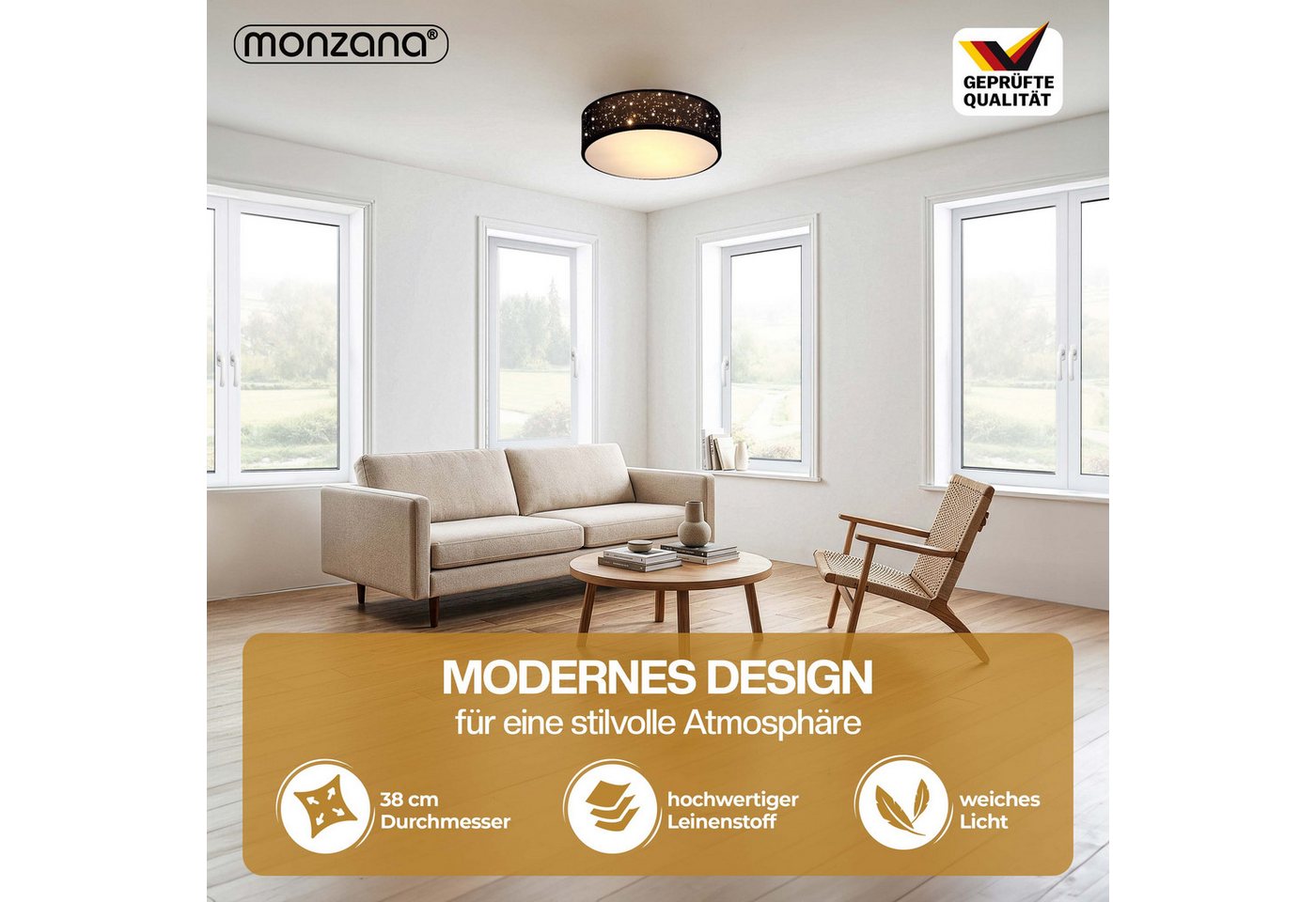 monzana Deckenleuchte, 38 cm, Sternenhimmel Rund Stoffschirm 38 cm 2-Flammig E27 Modern – Bild 2 von 5