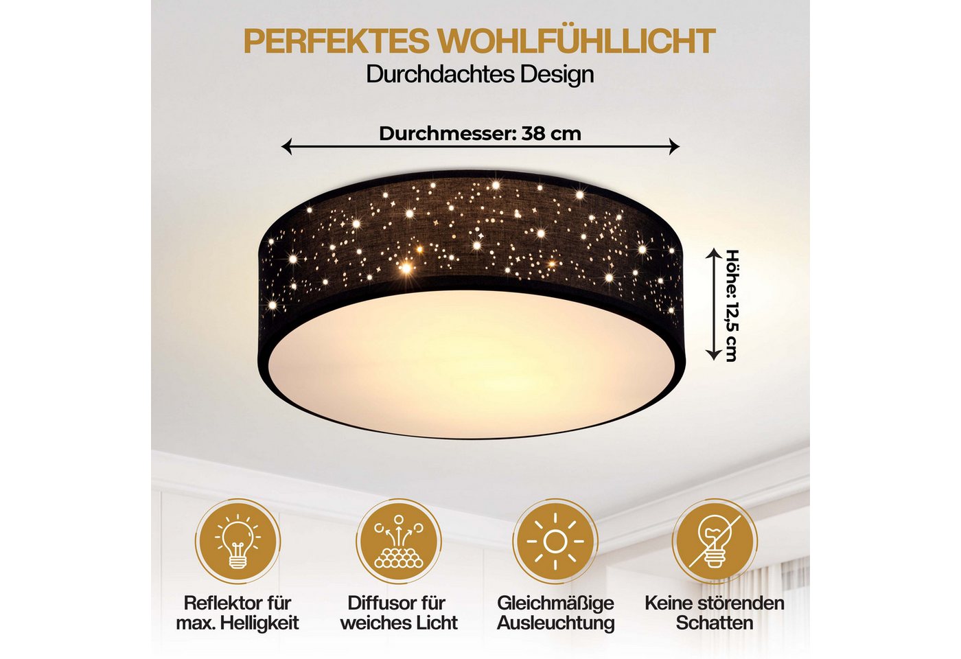 monzana Deckenleuchte, 38 cm, Sternenhimmel Rund Stoffschirm 38 cm 2-Flammig E27 Modern – Bild 4 von 5