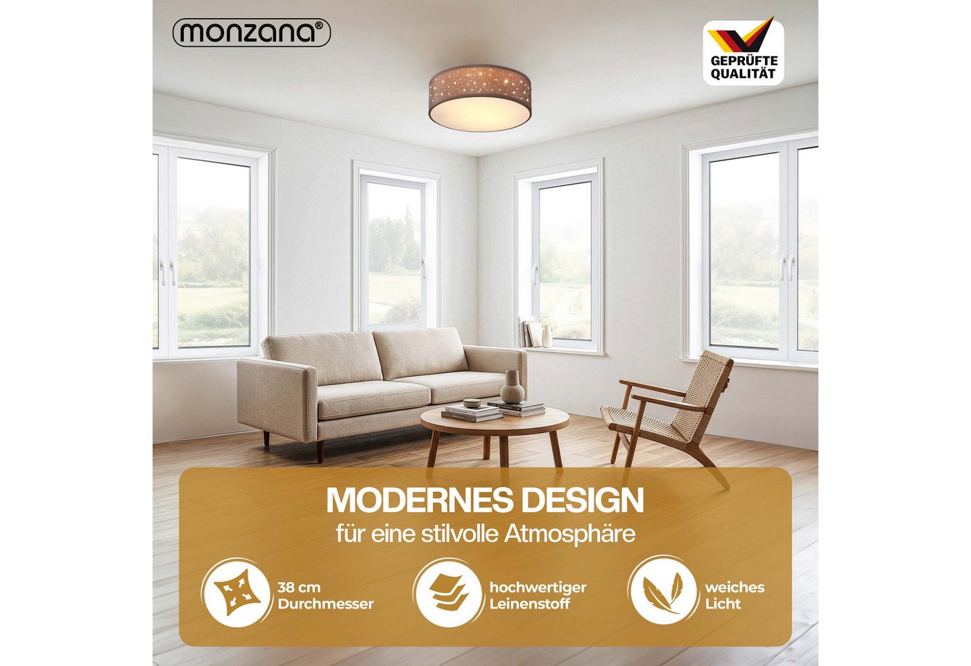 monzana Deckenleuchte, 38 cm, Sternenhimmel Rund Stoffschirm 38 cm 2-Flammig E27 Modern – Bild 2 von 5