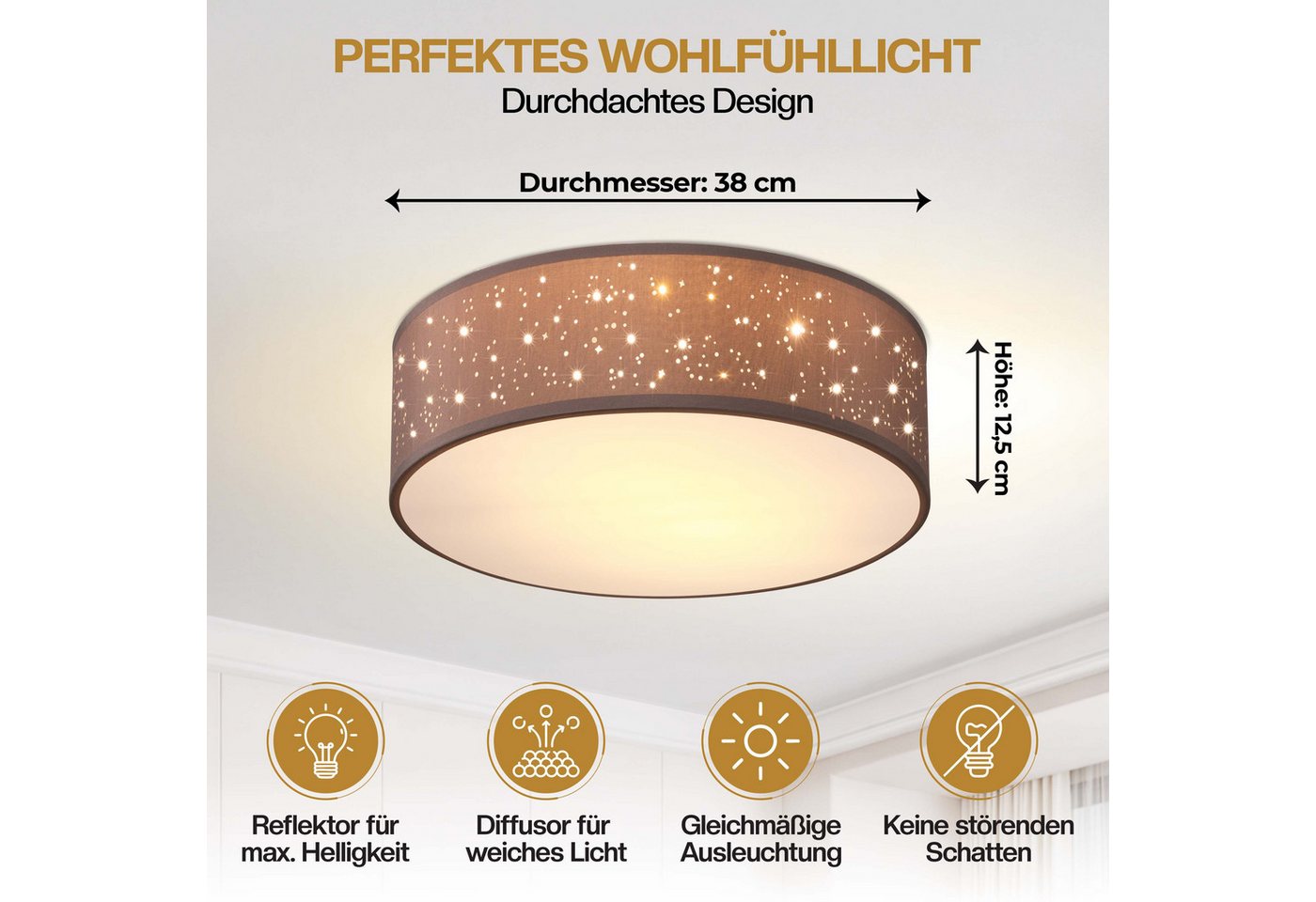 monzana Deckenleuchte, 38 cm, Sternenhimmel Rund Stoffschirm 38 cm 2-Flammig E27 Modern – Bild 4 von 5