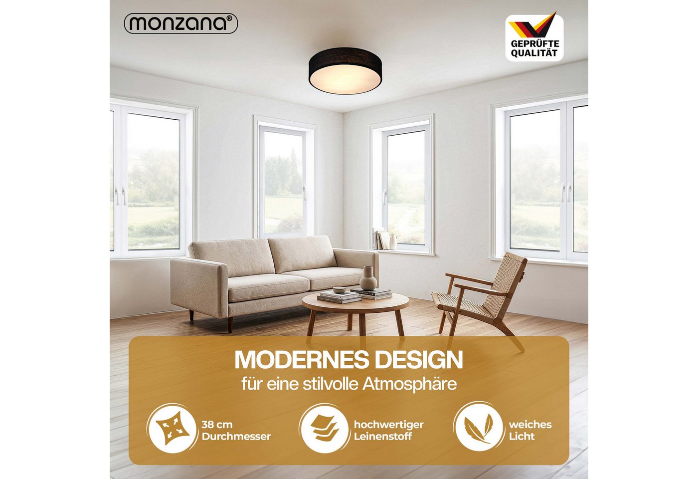 monzana Deckenleuchte Deckenleuchte, Innenbeleuchtung, Deckenlampe Stoff Schwarz 38 cm Modern E27 Rund 2 Flammig – Bild 2 von 5