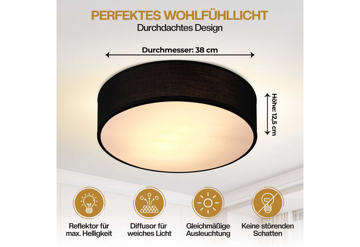 monzana Deckenleuchte Deckenleuchte, Innenbeleuchtung, Deckenlampe Stoff Schwarz 38 cm Modern E27 Rund 2 Flammig – Bild 4 von 5