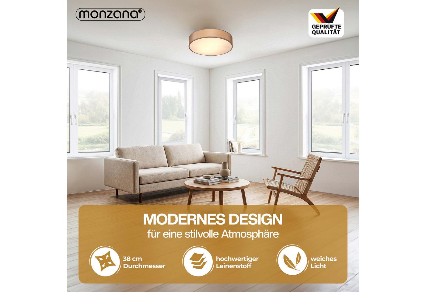 monzana Deckenleuchte Deckenleuchte, Innenbeleuchtung, Deckenlampe Stoff Taupe 38 cm Modern E27 Rund 2 Flammig Deckenleuchte – Bild 2 von 5