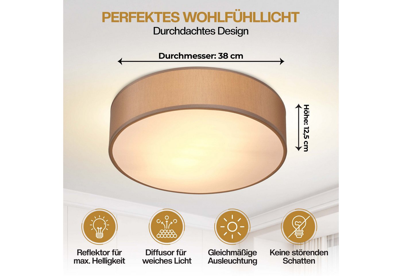monzana Deckenleuchte Deckenleuchte, Innenbeleuchtung, Deckenlampe Stoff Taupe 38 cm Modern E27 Rund 2 Flammig Deckenleuchte – Bild 4 von 5