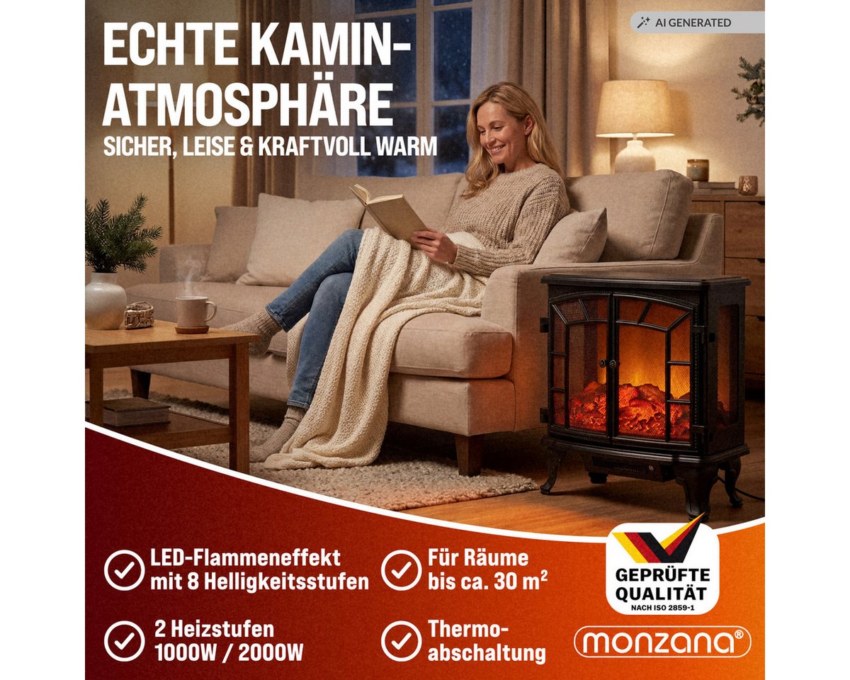 monzana Elektrokamin, Mit Heizung Flammeneffekt Heizlüfter Kamin Ofen Schwarz Wohnzimmer – Bild 2 von 5