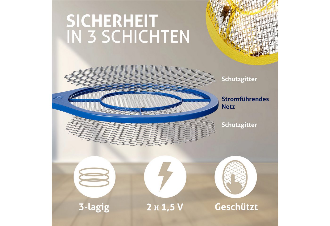 monzana Fliegenwedler, 3er Set Doppeltes Sicherheitsnetz Batteriebetrieben Mückenklatsche – Bild 5 von 5