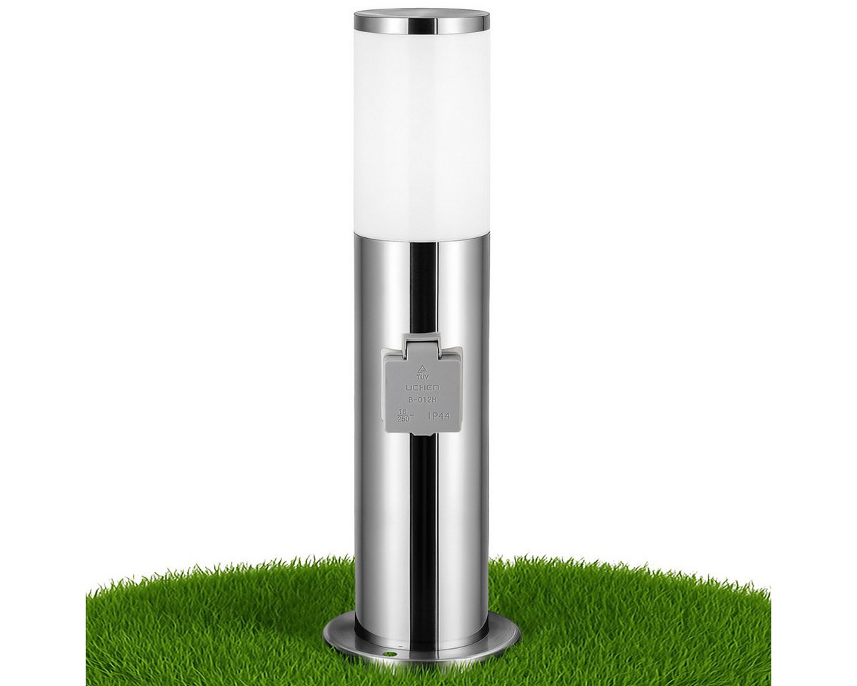 monzana Gartenleuchte, Außenleuchte mit Steckdose, Edelstahl 50cm IP44 Gartenlampe Sockelleuchte Strom E27 Außen Silber – Bild 2 von 5