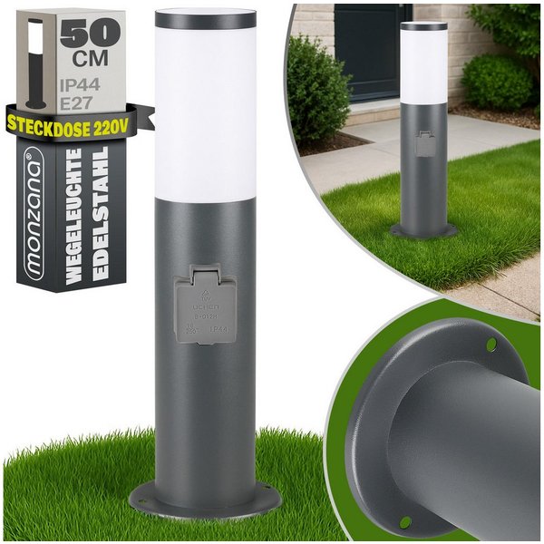 monzana Gartenleuchte, Außenleuchte mit Steckdose, Edelstahl 50cm IP44 Gartenlampe Wegeleuchte Außen Strom E27 Anthrazit