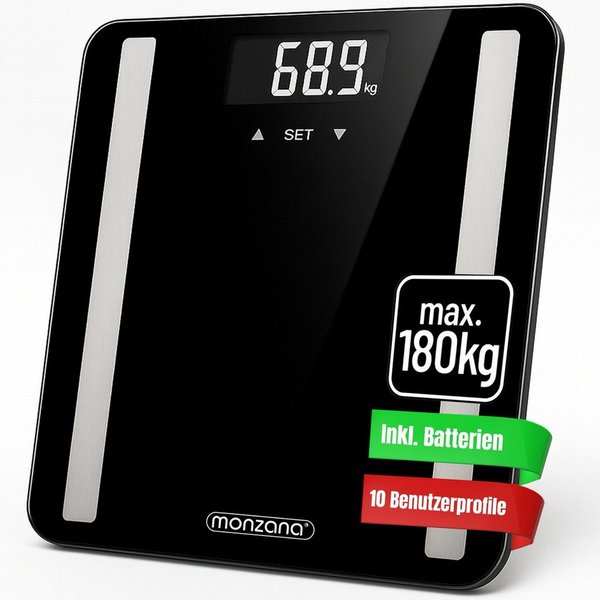 monzana Körper-Analyse-Waage, Personenwaage Digital 10 Nutzer Körperwaage bis 180kg Körperfettwaage