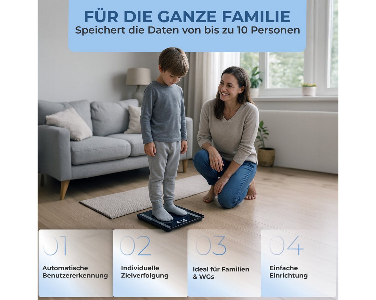 monzana Körper-Analyse-Waage, Personenwaage Digital 10 Nutzer Körperwaage bis 180kg Körperfettwaage – Bild 3 von 5