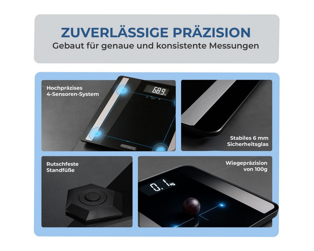 monzana Körper-Analyse-Waage, Personenwaage Digital 10 Nutzer Körperwaage bis 180kg Körperfettwaage – Bild 5 von 5