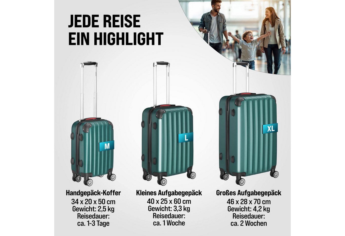 monzana Kofferset, Koffer Zwillingsrollen Zahlenschloss Waage Gurt Reisekoffer grün – Bild 4 von 5
