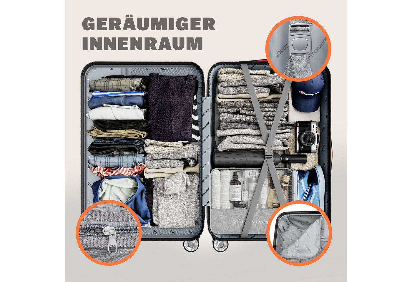monzana Kofferset, 4 Rollen, 3tlg TSA Schloss Hartschalen Koffer M-L-XL Rollkoffer Reisekoffer – Bild 5 von 5