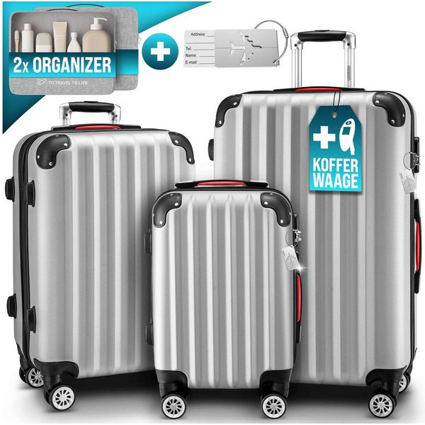 monzana Kofferset, Koffer Zwillingsrollen Zahlenschloss Waage Gurt Reisekoffer silber